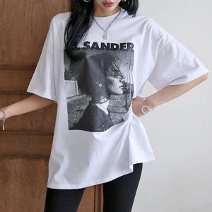 [유야]프린팅 면 라운드넥 반팔 롱 티셔츠 캐주얼 박스티 -TS0154H- 빅사이즈 루즈핏 여성 봄 여름