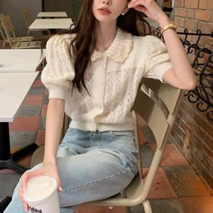 [찜]퍼프소매 러블리 인형카라 반팔니트가디건