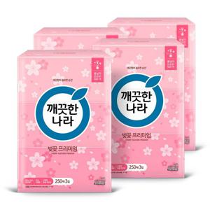 깨끗한나라 벚꽃 프리미엄 미용티슈 250매3입 x4팩