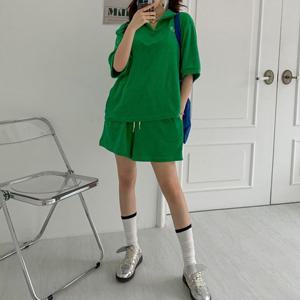 H스타일(SET)테리카라세트 봄 여름 여성 트레이닝복세트 반팔 빅사이즈 츄리닝셋트 반바지셋업