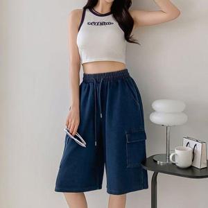 [삐까삐까]카고 밴딩 와이드 데님 반바지 버뮤다 팬츠 여름 연청 진청 청반바지