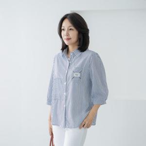 엄마옷 마담4060 루즈핏 쿨터치 클래식 포켓패치스트라이프 7부 카라셔츠-QBL2506059-