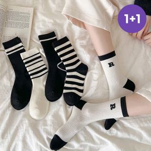 [루즈루나] 1+1 디나 쫀쫀한 줄무늬 골지 무압박 목 양말 5켤레 세트