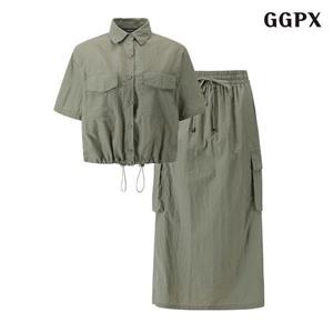 [GGPX]카라넥 스트링 블라우스 밴딩 포켓 롱 스커트 셋업 (GOBOW075D)
