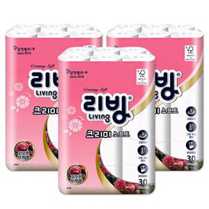 [총90롤] 리빙 크리미 소프트 피오니 부케향 데코 화장지 3겹 30롤x3팩 (60롤+30롤 더!)