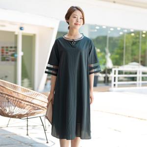 여성 엄마옷 매쉬배색 면 7부 원피스 OP206136 중년여성의류/50대/60대/마담/빅사이즈/할머니옷