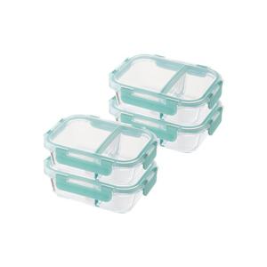 2칸 유리 밀폐용기 직사각 600ml 4개 구성