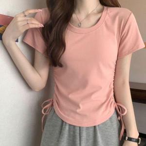 캐주얼 여성 옆셔링 예쁜 라운드넥 반팔 패션 티셔츠