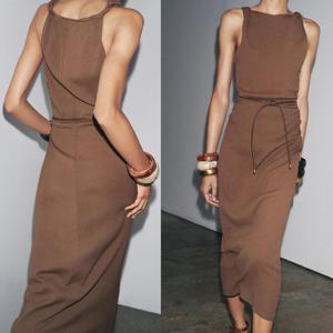 자라 ZARA 텍스처 민소매 롱 원피스 브라운