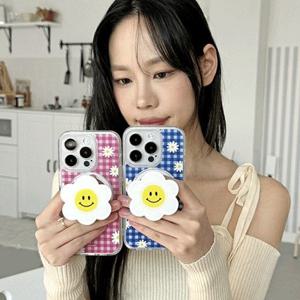 체크 스마일플라워 클리어 렌즈가드 맥세이프 케이스 스마트톡 그립톡 아이폰 16 갤럭시S25