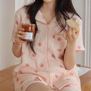 J'eu 복숭아 요루면 반팔 파자마 잠옷 세트