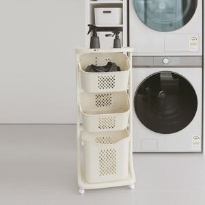 [신규출시] 샌드 크림 트롤리 스윙 빨래바구니 3단