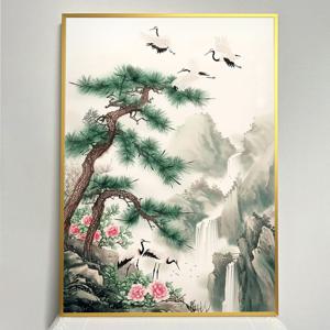 폭포와  학 그림 알루미늄 액자 장수 건강 학업  풍수