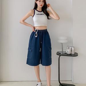 데님 카고 버뮤다 반바지 건빵 힙 와이드 롱 5부 청 반바지 팬츠