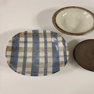 빈티지 체크 보울 / 샐러드 파스타볼 일본 도자기그릇 디저트 과일접시 21cm