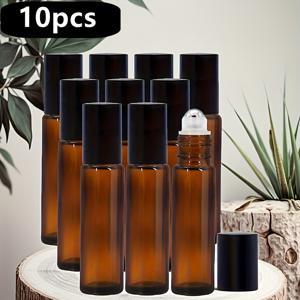TEMU 5/10개 필수 오일 롤러 병, 10ml 암버 유리 롤러 병, 스테인레스 스틸 롤러 볼 및 캡, 여행, 향수 및 립 글로스용 - 자외선 보호