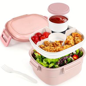 TEMU Caperci 55oz BPA 프리 샐러드 도시락통 (4단 구획, 소스 용기 & 재사용 가능 스포크 포함) - 전자레인지 사용 가능, 둥근 디자인, 학교/사무실/캠핑용