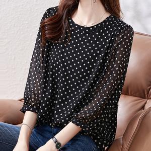 TEMU 여성용 블랙 스타 프린트 시폰 블라우스 - 루즈핏, 긴 소매, 라운드 넥 탑, 캐주얼한 여름용으로 적합한 대비 메쉬 디테일이 있는 상의, 캐주얼한 여름용 탑|스타 프린트 탑|시폰 소재