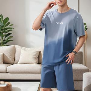 TEMU 남성 캐주얼 파자마 세트 - 편안한 폴리에스터 및 스판덱스 블렌드, 라운드 넥 티셔츠에 
