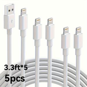 TEMU 5개 LAIHONEN 번개 USB-C 빠른 충전 케이블, 6피트 - 내구성 및 꼬임 없는 아이폰 12/11 프로/XS MAX/XR/8/7/6s/6/5S/SE 및 아이패드 프로용 - 고속 데이터 동기화 및 안전한 충전, 배터리 없이 충전, KADIXI