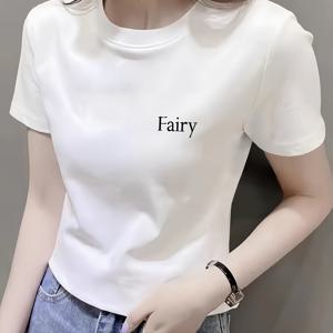 TEMU 여름 크롭 탑 티셔츠, 반팔, 프린트, 슬림핏, 캐주얼 비치웨어, 흰색과 검은색 글자 