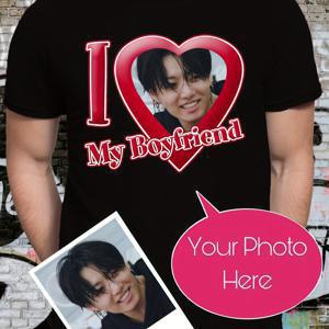 TEMU 맞춤형 '내 남자친구를 사랑해' 커플 티셔츠 - 개인화된 하트 디자인, 블랙 폴리에스터 혼방, 캐주얼 여름용 남성 티, 세탁기 사용 가능