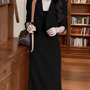 TEMU 여성용 스타일리시 레드 더블 브레스트 & 스커트 투피스 세트 - 폴리에스터, 하이 웨이스트, 슬리밍 핏, 캐주얼 라펠 칼라, 가을 & 봄에 완벽, 캐주얼 의상|슬리밍 핏 디자인|폴리에스터 원단