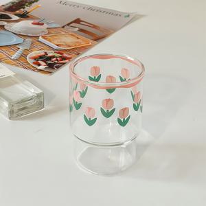 TEMU 빈티지 튤립 프린트 유리 컵 - 커피, 우유, 등 재사용 가능한 다용도 주방 용품 - 손세척만, 유리 재질, 레트로 디자인, 우유 유리 용품 | 레트로 튤립 컵 | 재사용 가능한 유리 용품