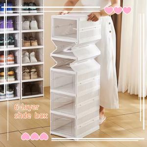 TEMU 3/6-Tier 스택형 신발 선반 - 접이식 공간 절약 신발 정리함, 투명한 문, 내구성 있는 플라스틱 다층 보관 캐비닛, 스니커즈, 부츠 및 액세서리용, 먼지 방지 디자인, 가정/사무실용, 스택형 신발 보관 캐비닛 | 세련된 보관 캐비닛 | 접이식 신발 보관