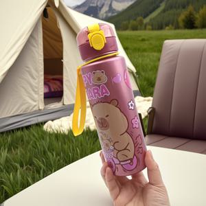 TEMU 1개 700ml 귀여운 카툰 카피바라 보온 물병, 누수 방지 플립 뚜껑 및 휴대용 스트랩 포함, 야외 캠핑 학교 사무실용 내구성 있는 PC 소재, 생일 졸업 어머니의 날 선물