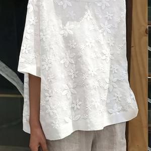 TEMU 여성용 봄 여름 캐주얼 레이스 트림 스탠드 칼라 블라우스 - 루즈핏 반팔 자수 탑, 일상복 및 휴가·데이트·다이닝룩, 세탁기 사용 가능, 정교한 자수 디자인