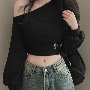 TEMU 봄가을 캐주얼 솔리드 컬러 오프숄더 긴팔 티셔츠, 여성용 비정형 대각선 칼라 반소매 롱슬리브 셔츠