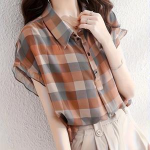TEMU 여성용 캐주얼 반팔 셔츠 여름 신상 루즈한 복고풍 체크무늬 탑|블라우스|셔츠|반팔셔츠