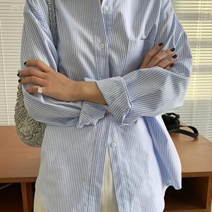 TEMU 여성용 캐주얼 긴팔 셔츠 - 릴랙스핏 세로줄무늬 포인트 라펠 버튼업 블라우스, 봄 여름 가을 시즌 패션, 오피스 & 캐주얼 웨어, 한국 스타일 퀄리티 재단