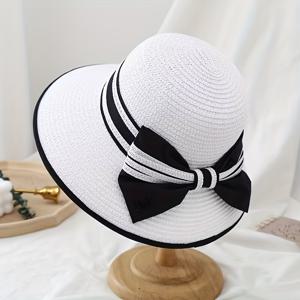 TEMU 1pc 여성용 넓은 브림 스트로우 선하트 블랙 보와 함께 - 통기성이 좋은 폴리에스터, 우아한 디자인, 해변, 캐주얼한 외출 및 해가 뜨는 날에 완벽합니다 | 세련된 야외 액세서리 | 경량 및 깃털 없음