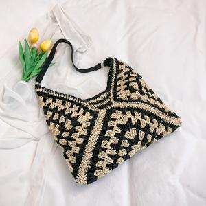 TEMU 여성용 대형 지오메트릭 패턴 매그네틱 클로저가 있는 짠 종이 빨대 비치 토트백 1/3/5개 세트 - 블랙 & 베이지, 가볍고 내구성 좋은 봄 여름 캐주얼 아웃팅 및 쇼핑용, 폴리에스터 안감, 여성 패션 액세서리|소품샵