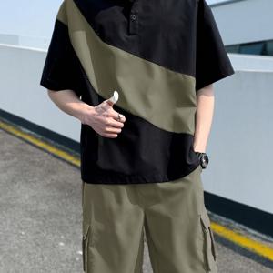 TEMU 남성용 여름 컬러 블록 패션 탑 & 반바지 세트 - 보라색 카고 반바지가 있는 캐주얼 버튼 업 티, 야외 활동, 해변 및 캐주얼한 옷에 적합한 통기성이 좋은 폴리에스터 블렌드|반바지|반팔티|티셔츠