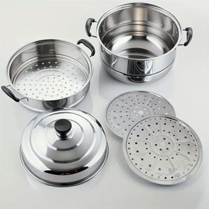 TEMU 3단 스테인리스 스틸 찜기 세트 - 베이킹/생선/야채용, 인덕션 & 가스레인지 호환, 미끄럼 방지 손잡이 다층 주방 도구, 가정/레스토랑/캠핑용