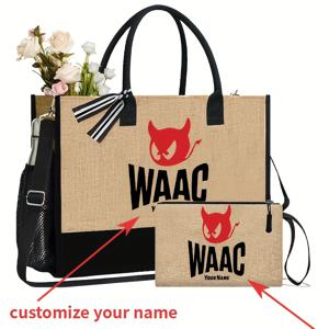 TEMU 고유한 884, waac 데빌 헤드 요소 프린트, 개인화된 이름 프린트 핸드백 2pcs 세트 경량 쇼핑백 휴대용 여행 비치 백 및 화장품 백