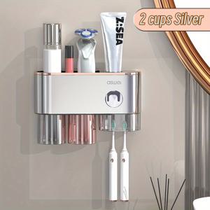 TEMU 가글 컵이 있는 1set 스테인리스 스틸 칫솔 홀더, 자동 치약 디스펜서, 벽걸이형 칫솔 보관 랙, 펀치 없는 칫솔 보관 주최자, 미니멀리스트 칫솔 랙 및 욕실 텀블러 세트, 욕실 액세서리