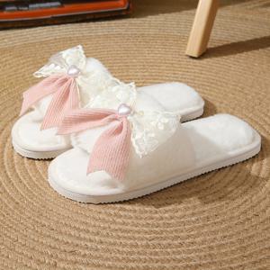 TEMU 여성용 플러시 보 슬리퍼 - 부드러운 원단 상단, 경량 EVA 밑창, 모든 계절 내부 집화 신발, 조용한 작동으로 가정 휴식을 위한 내부 슬리퍼