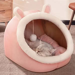 TEMU 휴대가 편리한 만화 고양이 동굴 침대 - 접이식 & 휴대용 스펀지 펫 하우스, 실내 고양이용 캐빈 스타일