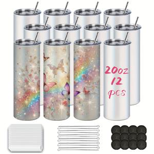 TEMU Kocdam12pcs 20oz 서블리메이션 얇은 직선적인 빈 컵, 뚜껑, 금속 빨대, 빨대 브러시, 실리콘 코스터 및 열 수축 필름 대량 가정용, 스테인레스 스틸 이중 벽 폴리머 코팅 열 전달 최고의 선물