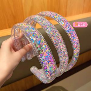 TEMU 3개 세트 멀티 컬러 퀵샌드 헤어밴드 | 미끄럼 방지 PVC 와이드 헤어밴드, 청소년용 | 패셔너블한 일상 및 캐주얼 사용 | 투명하고 컨페티 삽입물 포함 | 내구성 있고 스타일리시한 액세서리