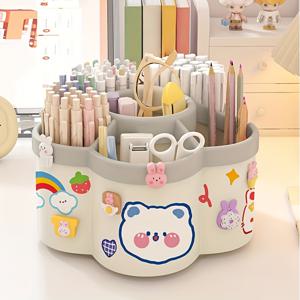 TEMU 회전식 책상 정리함, 귀여운 곰 디자인, 다용도 수납 캐디, 문구, 화장품, 립스틱, 눈썹 연필 - 내구성 있는 PP 소재, 무향, 기숙사 및 사무실 책상 정리에 이상적