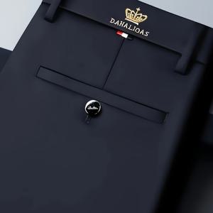 TEMU 크라운 디자인의 남성용 슬림핏 스트레치 드레스 팬츠 - 사계절 편안함, 블랙, 폴리에스터 혼방, 단추 클로저, 미드 라이즈, 광택 마감