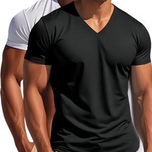 TEMU 남성용 솔리드 컬러 V넥 티셔츠, 2pcs/혼합 색상 세트, 여름 필수 아이템 | 빠른 건조 폴리에스터, 야외 러닝 및 트레이닝에 완벽, 기계 세탁 가능