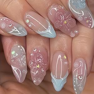 TEMU 1 박스 24pcs 유럽 및 미국 프레스 온 네일, 3D 스택드 드립 글리터 꽃 나비 그라데이션 INS 슈퍼 인기 네일 스티커, 오래 지속되고 변색되지 않는 재사용 가능한 케어 알몬드 짧은 네일, 모든 성별과 여성에게 적합한 일상 착용 선물 젤 젤 1pc 및 네일 파일 1pc