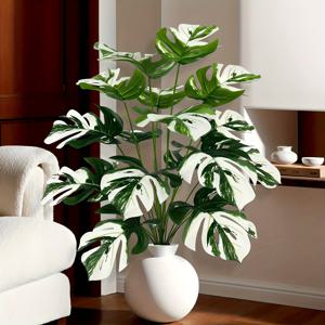 TEMU 12-Leaf White Back Monstera 인공 식물, 25인치 대형 녹색 식물 - 가정 장식, 실내/실외 사용, 사무실, 거실, 침실, 식당 - 졸업, 아버지의 날, 어머니의 날, 크리스마스, 추수감사절, 실내 실외 식물에 이상적 - 현대적인 가정 장식 | 내구성 있는 플라스틱