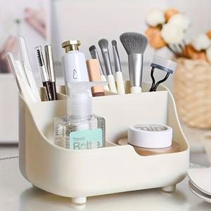 TEMU 메이크업 및 네일 아트 도구용 광택 있는 경량 다기능 정리함 - 설치 필요 없는 화장품 보관 상자, 다양한 칸막이 포함, 베이지